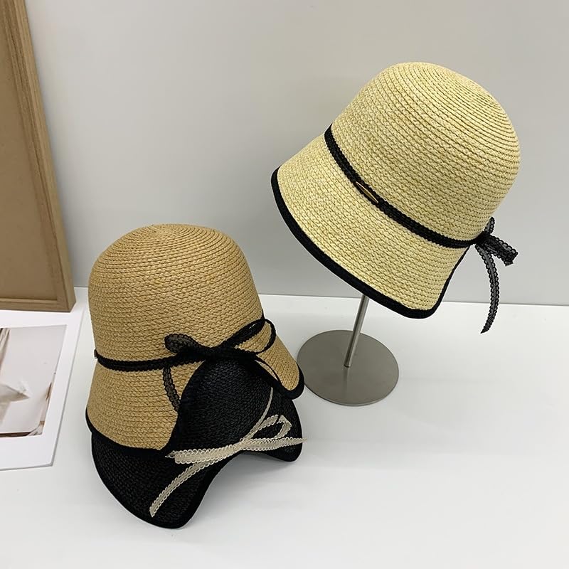 Sombrero de Verano Ajustable para Mujer,de Paja,de ala Ancha,Transpirable y Moderno,con Lazo de Encaje,Ideal para Playa,Exteriores,Vacaciones y Viajes