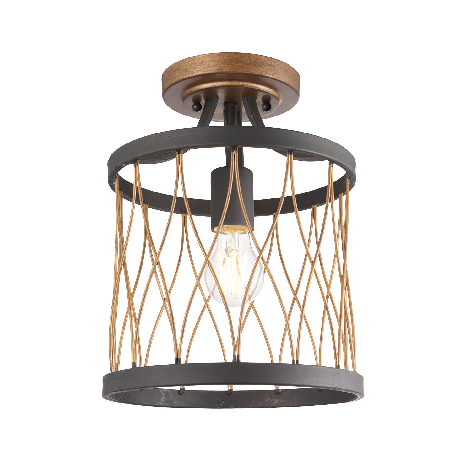 National Lighting Black Bloomenthal Industrial Vintage Style Rustic Semi Flush Mount Ceiling Light Retro Lighting Ceiling Light Fixture Matt & Rustic Bronze Finish Metal Cage Lamp Shade With Wire