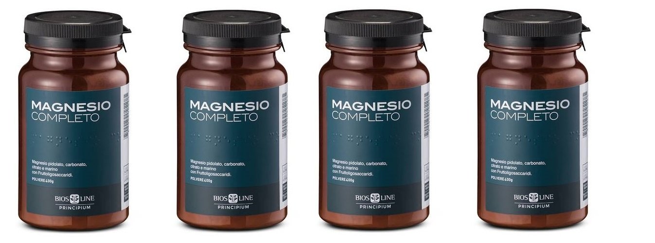 BIOSLINE - MAGNESIO COMPLETO 4 CONFEZIONI DA 400GR formato convenienza, polvere solubile utile in caso di affaticamento, stress, nervosismo
