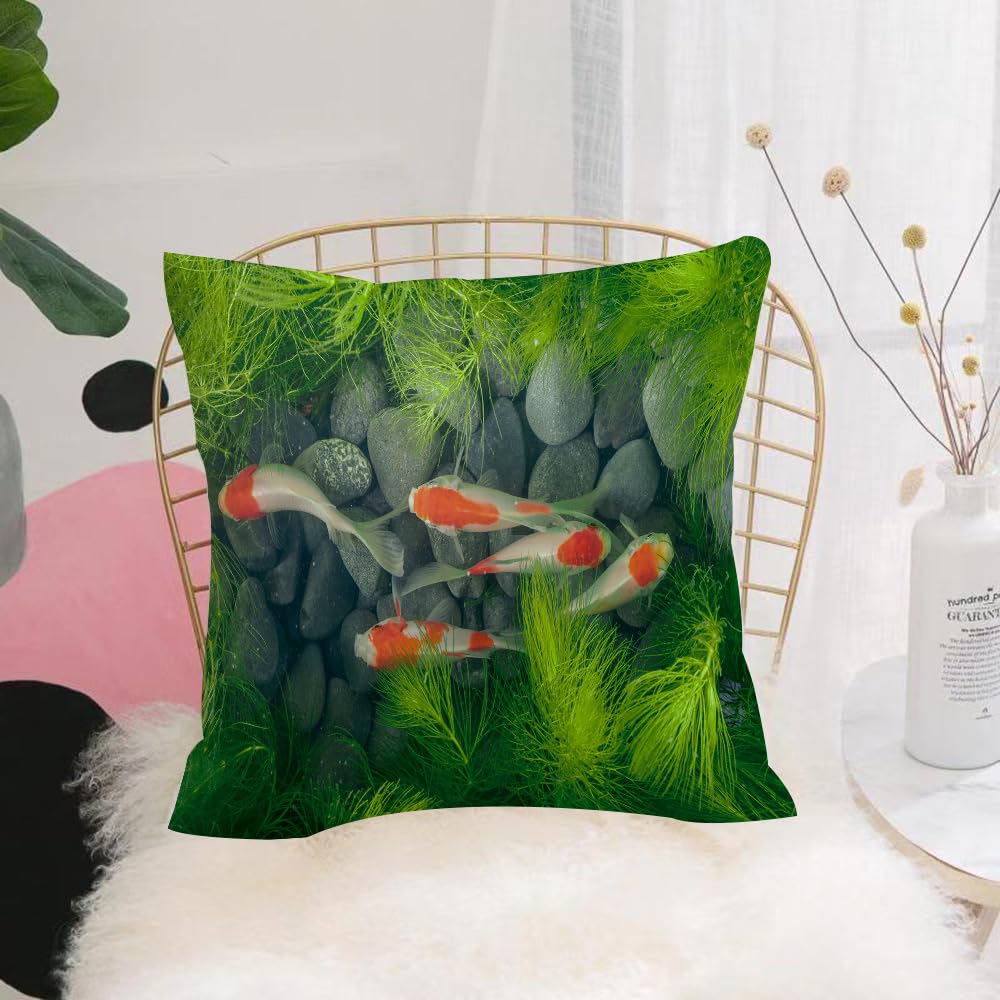 HYOSXW Cushion Cover,Throw Pillow Case Home Decorative for Living Room Bedroom Sofa Chair 16X16 Inch,Carp Koi Fish Pond Weeds Stone Water Oriental,Pillowcase 40X40cm