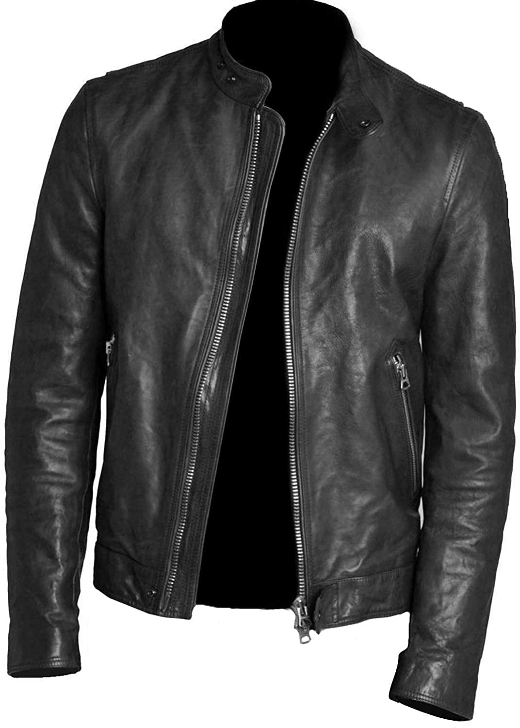 HiFacon Café Racer Snap Tab Biker Leather Jacket - Blue and Black Leather Jacket for Men