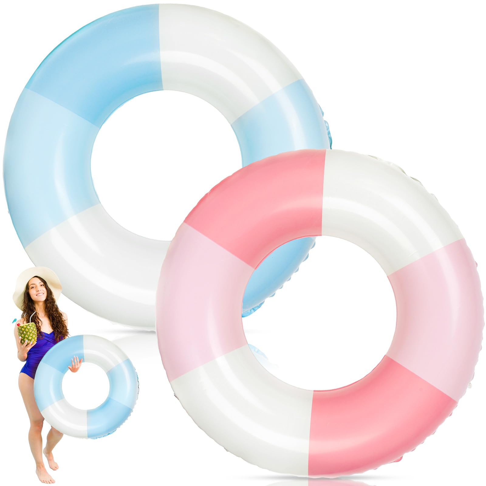 JarThenaAMCS 2Pcs Inflatable Pool Float Retro Striped Swim Rings Swimming Pool Tubes