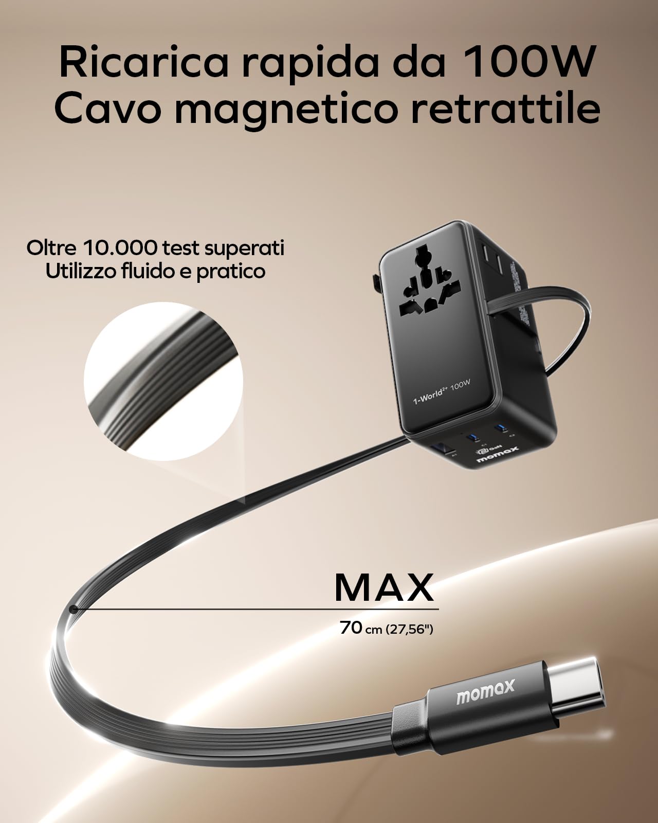 MOMAX Adattatore da viaggio universale da 100 W con cavo estensibile, spina da viaggio universale con 2 prese CA, 3 porte USB C e 1 porte USB A, adattatore da viaggio internazionale - Nero