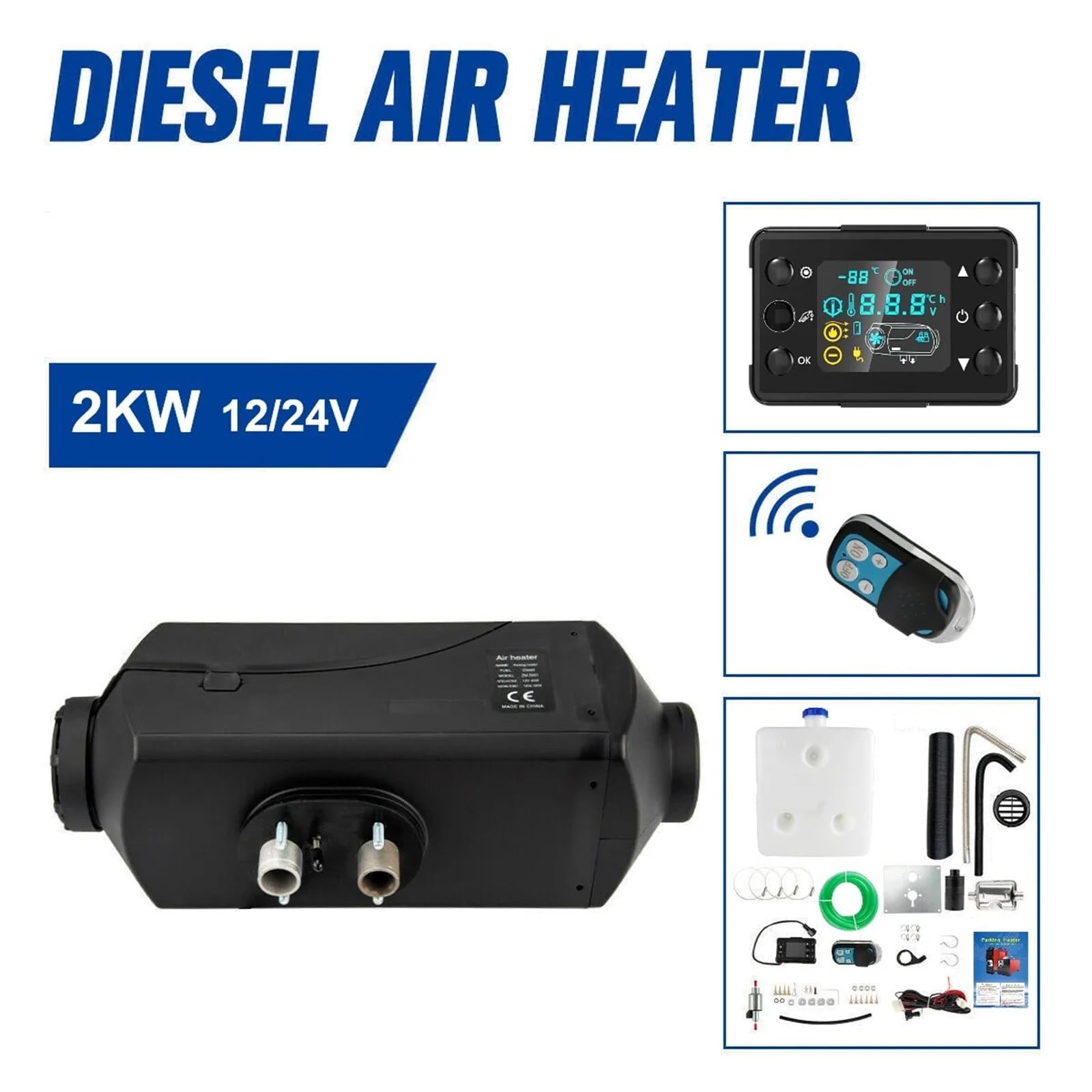 Chauffage Stationnement Chauffage de stationnement Diesel Portable 2000 W 12/24 V 2kW, réglage Automatique de l'altitude, Chauffage à air Diesel Diesel