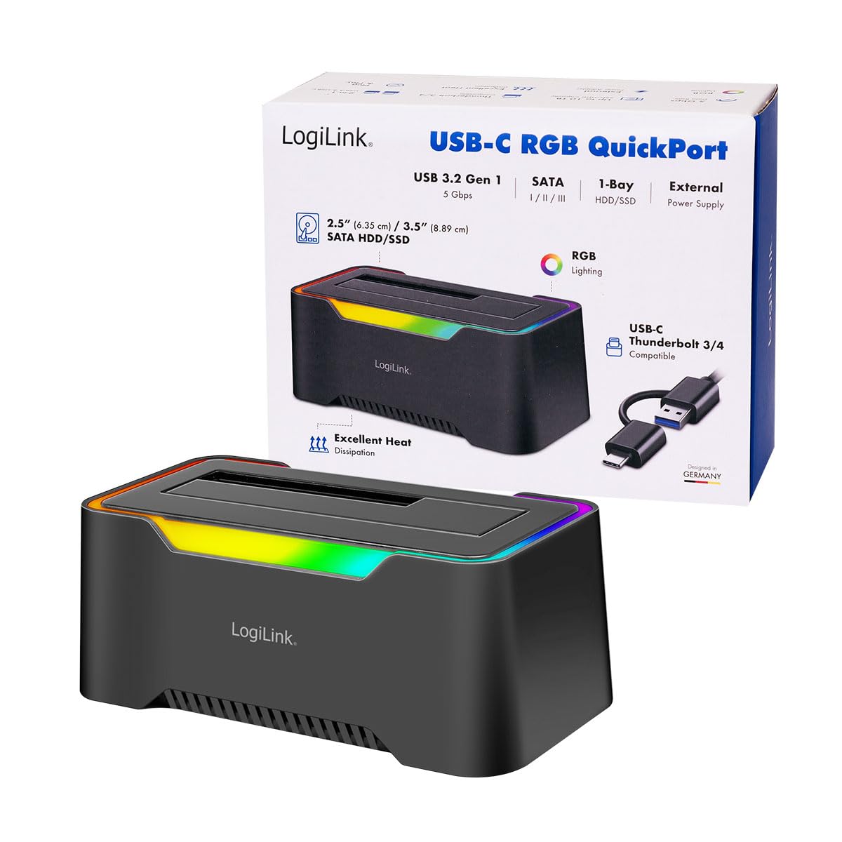 LogiLink Docking Station USB-C (3.2 Gen1) per HDD/SSD SATA da 2.5" e 3.5", con luce RGB, compatibile con Thunderbolt, Windows, Mac OS, Linux
