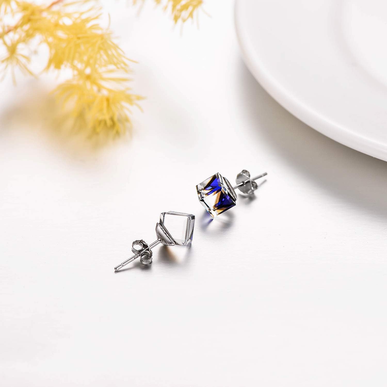 Hypoallergenic Sterling Silver Cube Stud Earrings with Blue Aurora Crystals from Austria Valentines Day Gifts for Her Fine Jewelry Gifts for Women Girls - Image 4