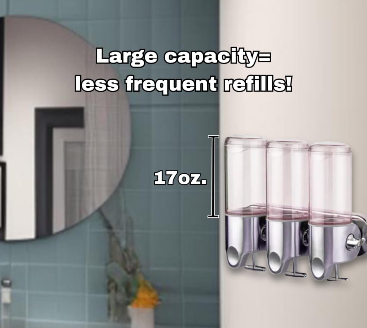 Handmade Shower 3 in 1 Chamber Soap Pump Dispenser Wall Mounted, Organizer for Kitchen, Bathroom, Hotel, Holds Shower Gel and Multipurpose, (3 Chamber, Clear, Non-Drill Wall)