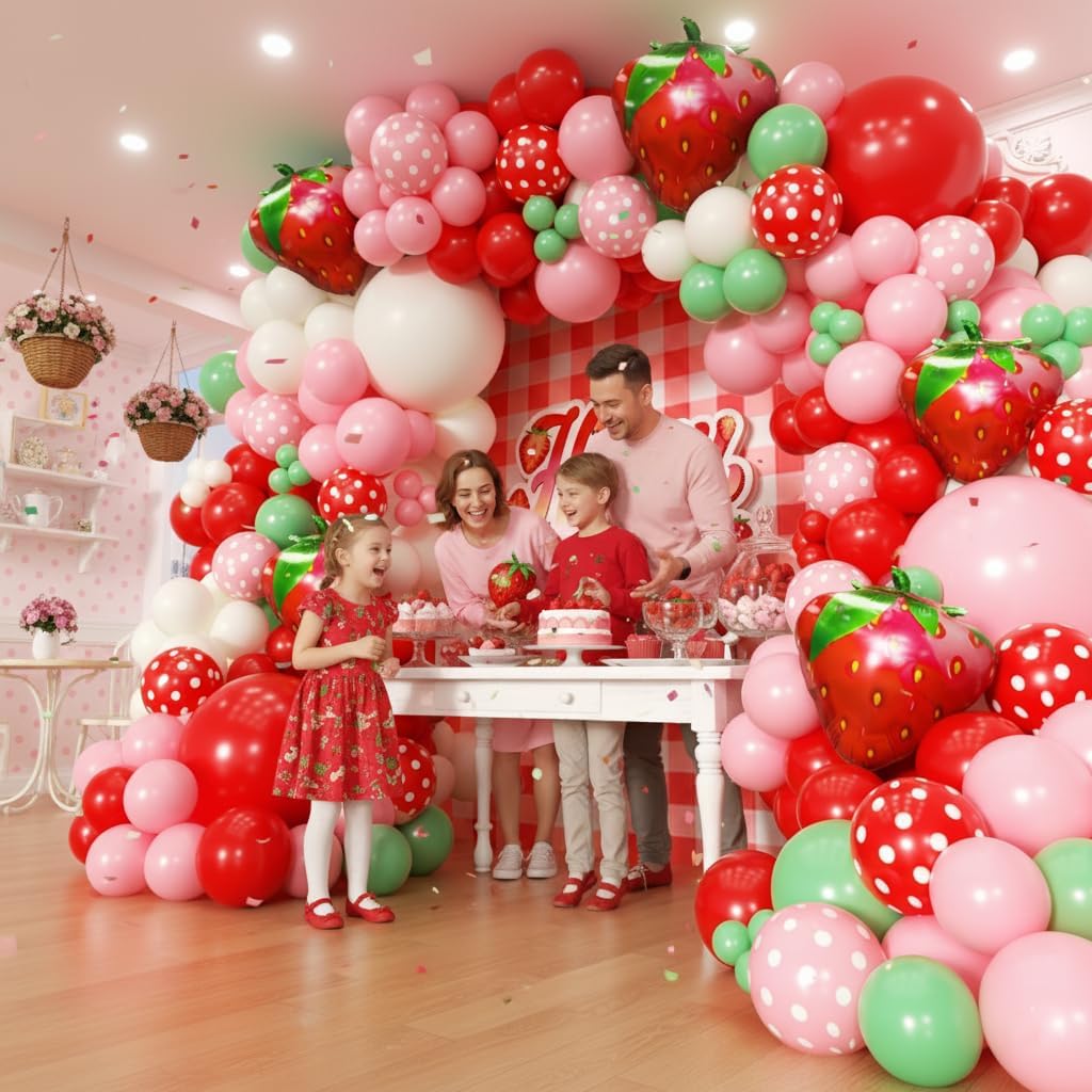 Strawberry Balloons Garland Arch Kit 163pcs, Red and Pink Green Balloons for Sweet Girl Berry First Birthday Themed Baby Shower Valentine's Day Strawberry Party Decorations