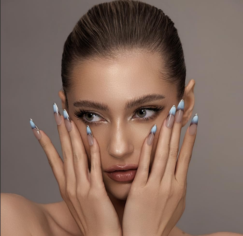 Blue Ombre French Tips Nails| Almond Press On Nails | Handmade Gel Nails | Y2K Press on Nails | Acrylic Press on Nails | Stick on Nails | Gift for Her (Blue(SIZE=S), 1)