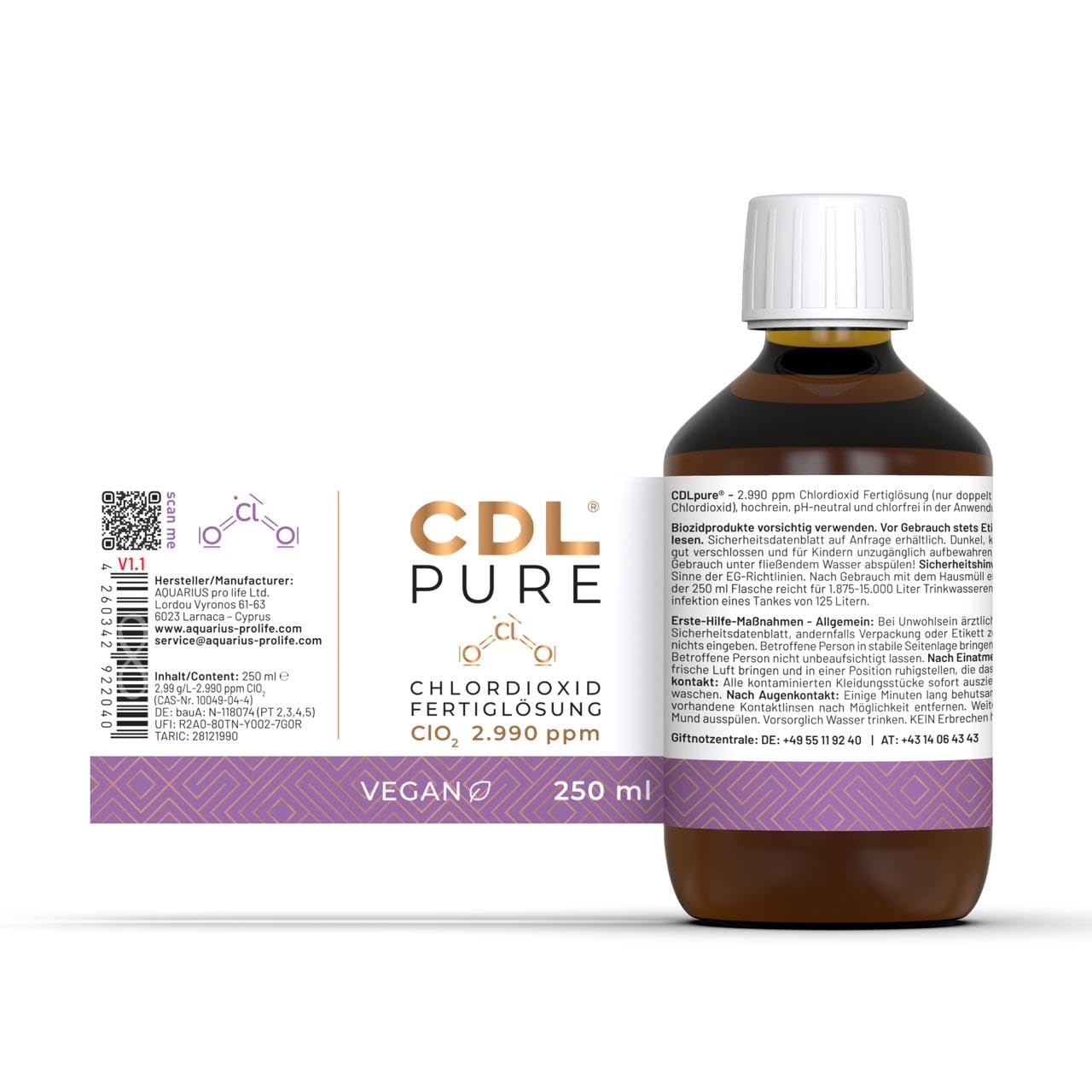 CDL Chlordioxid Lösung 0,3% I 250 ml I CDL CDs Chlorine Dioxide Solution I Trinkwasserdesinfektion I Braunglasflasche & Pipette inkl. I Made in Germany I Wasseraufbereitung