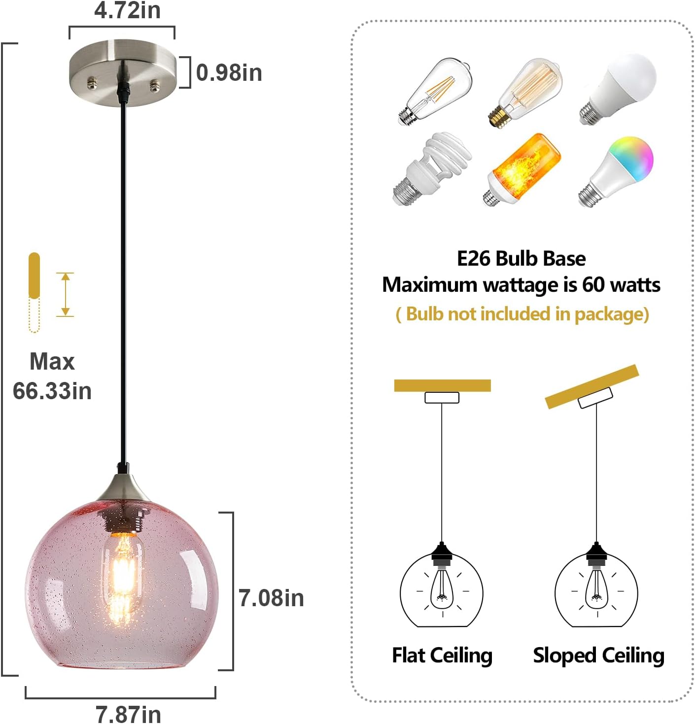 Pink Glass Pendant Lights Kitchen Island Lighting Globe Pendant Light Fixtures Modern Pendant Lighting for Bedroom Living Dining Room Light Fixture (7.87 in, 3 Pack)