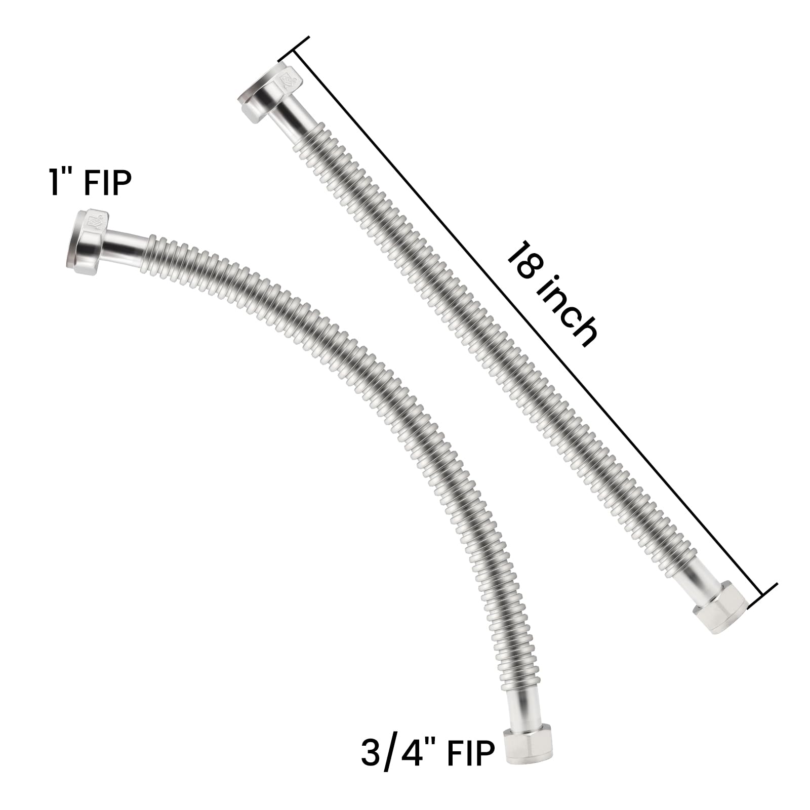 Conector de calentador de agua corrugado de acero inoxidable de 18 pulgadas flexible para tuberías de agua de hierro hembra, 3/4 pulgadas FIP x 1 pulgada FIP, 18 pulgadas de longitud (2