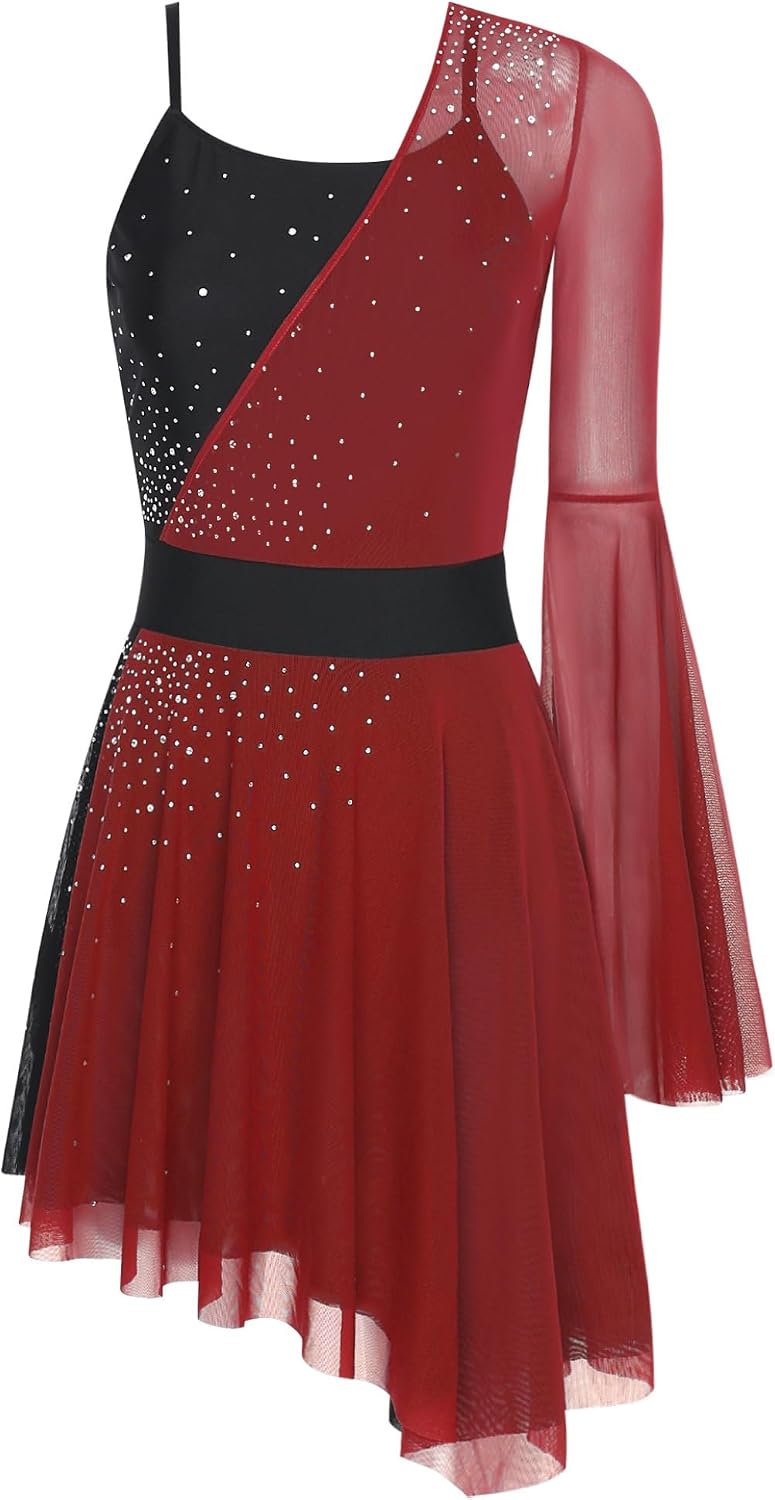 Shinsto Women's One Flare Sleeve Figure Ice Skating Dress Shiny Rhinestone Ballet Skirted Leotard Dresses