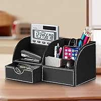 Vista 3 de Organizador de escritorio, organizador de escritorio de piel sintética y accesorios, suministros de oficina, almacenamiento multifuncional con 6