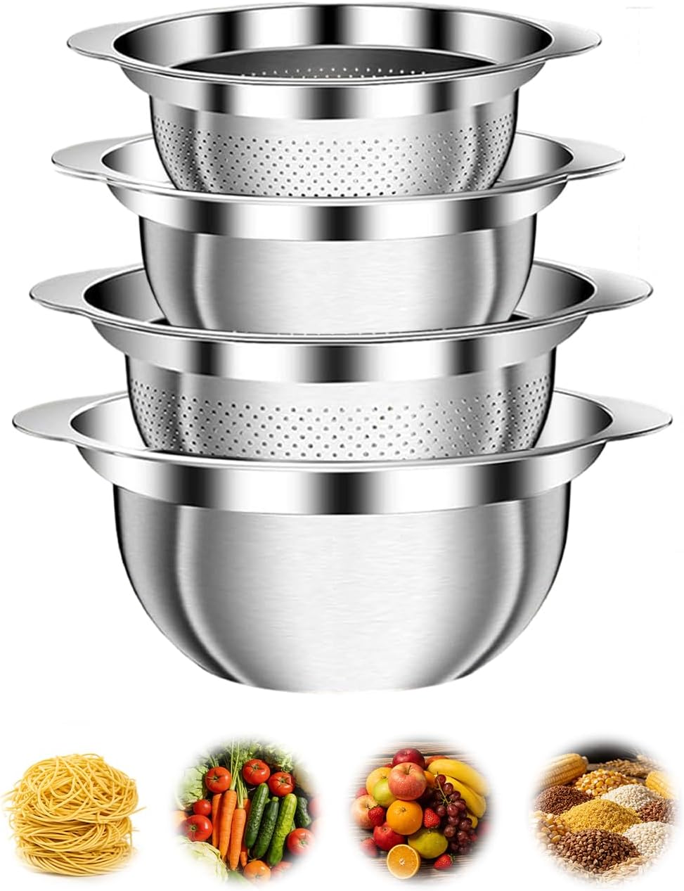 4 PCS Stainless Steel Colander and Mixing Bowl Set, 3QT & 5QT Strainer Bowls with Handle, Metal Mesh Basket for Washing Rice, Pasta, Fruit, Vegetables, Kitchen Draining Set
