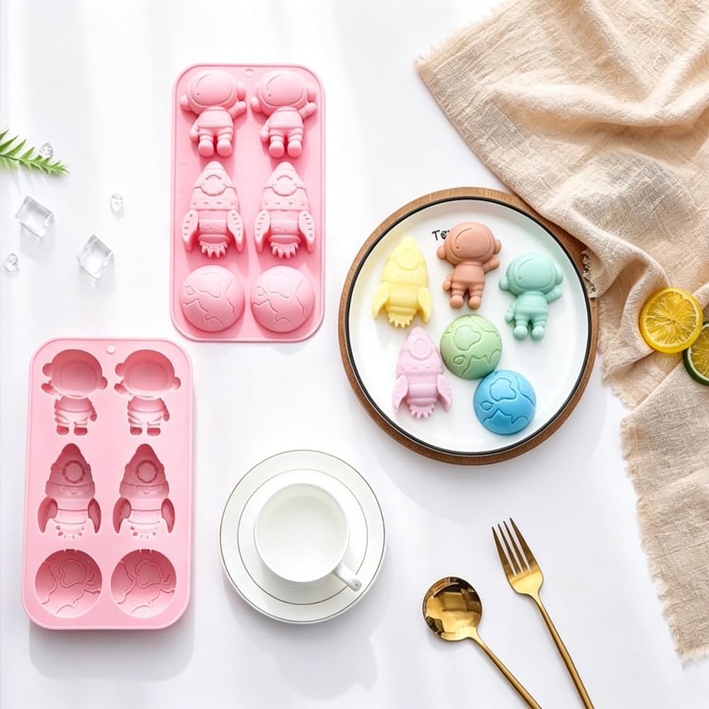 2 Pack Space Theme Silicone Cake Molds Astronaut Rocket Earth Tray
