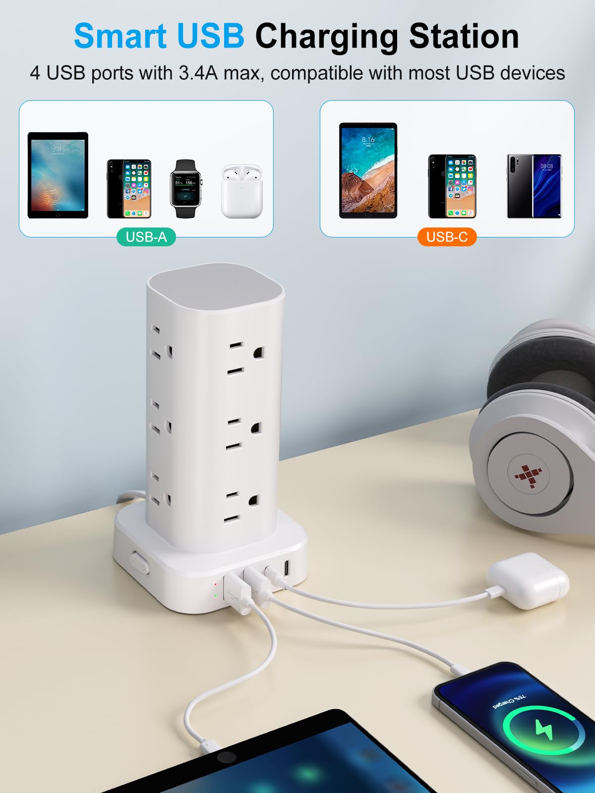 Torre multipresa con caricabatterie wireless, torre di protezione da sovratensioni a spina piatta con cavo di prolunga da 1,8 m, 12 prese multiple AC, 4 USB (2 USB C), torre