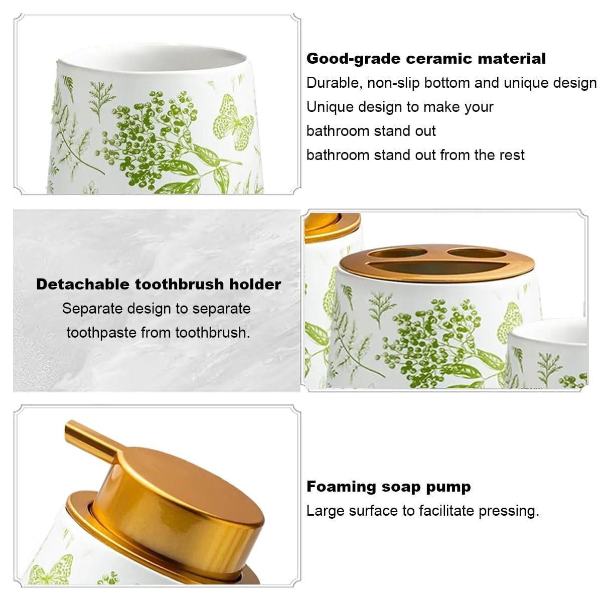 Set di accessori da bagno in ceramica con motivi vegetali, accessori con dispenser di sapone, piatto, bicchiere, decorazione per la casa, decorazione costiera (set da 3 pezzi, verde)