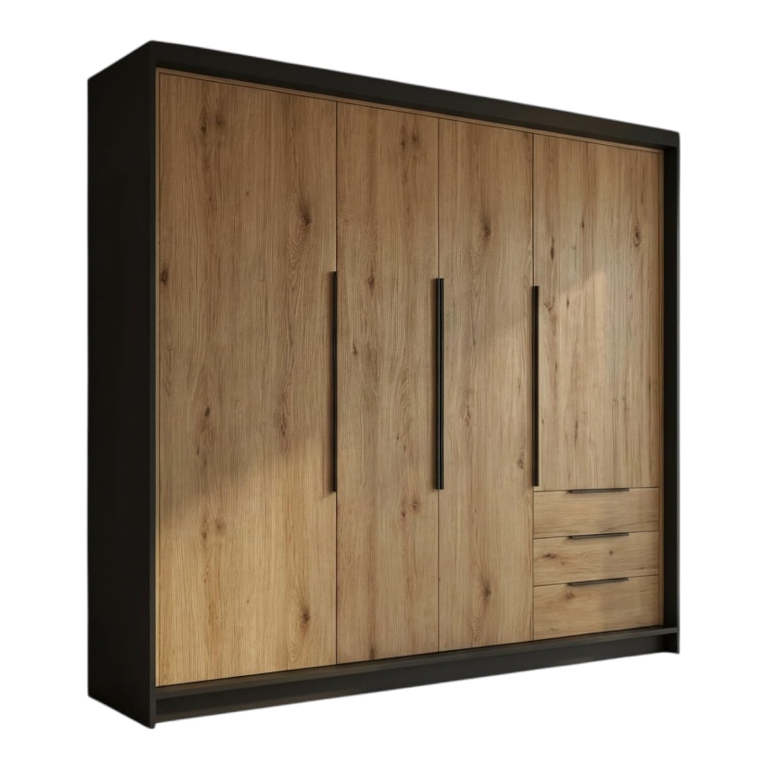 A&J MöbelLand KLARI Kleiderschrank 4-türig mit 3 Schubladen – 200 x 215 cm – Drehtürenschrank mit Kleiderstange und Einlegeböden
