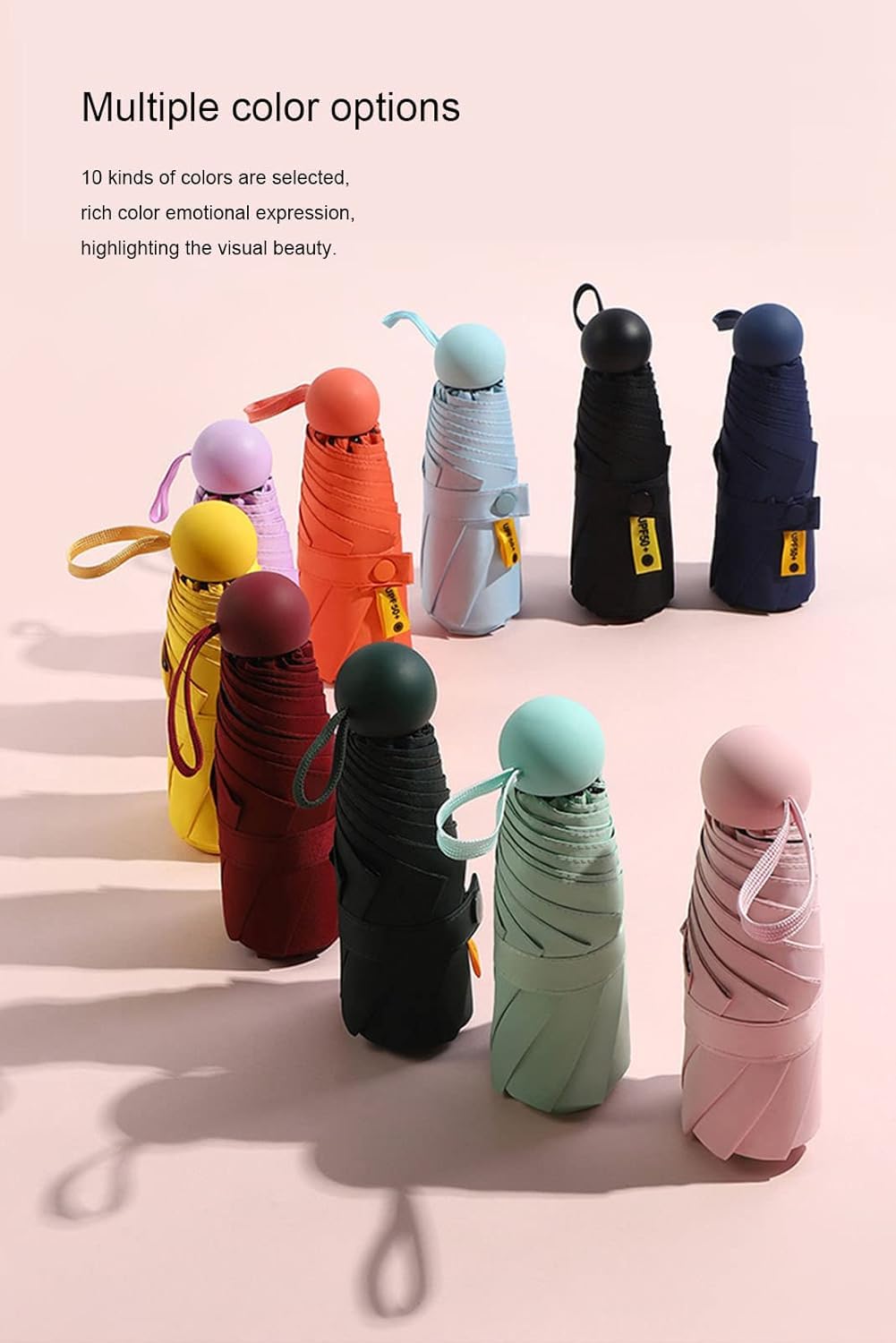 paraguas, Paraguas de bolsillo 10 colores, resistente al viento, con 8 varillas y protección contra rayos ultravioleta