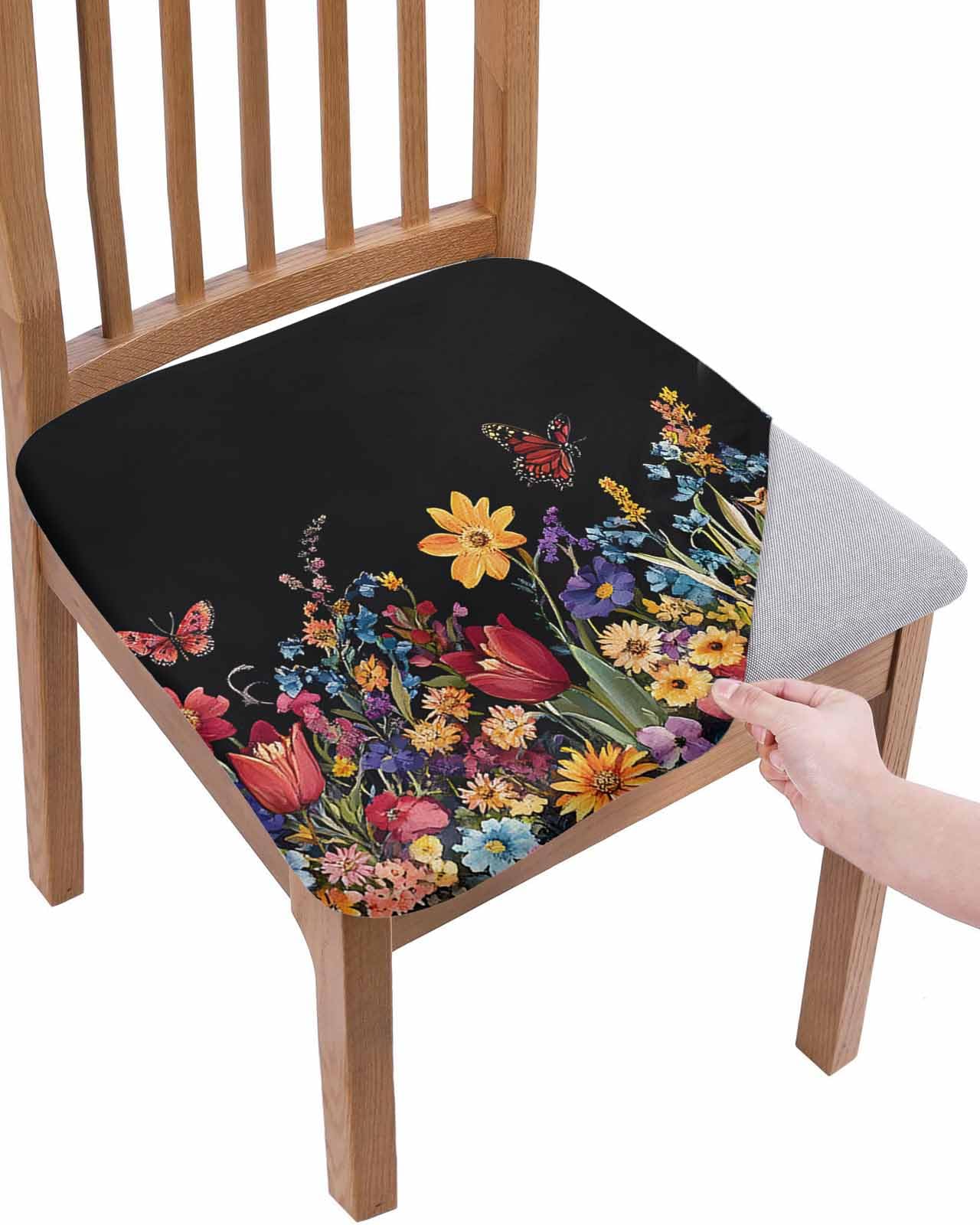 Dining Chair Seat Covers Set of 2, Spring Colorful Floral Removable Washable Chair Cover Slipcovers, Flowers Black Dust-Proof Stretch Chairs Cover Seat for Kitchen Decor