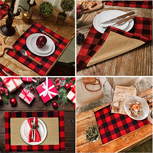 Senneny Set of 6 Christmas Placemats Buffalo Check Placemats Red Black Plaid Reversible Burlap & Cotton Placemats for Christmas Holiday Table Home Decoration