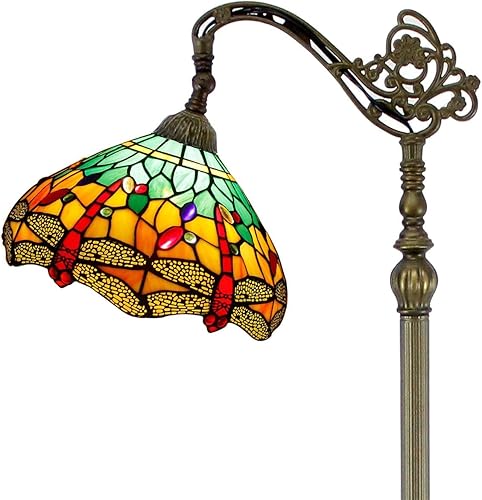 WERFACTORY Tiffany - Lámpara de pie con diseño de libélula verde y amarillo, 12 x 18 x 64 pulgadas, cuello de cisne ajustable, luz de lectura para