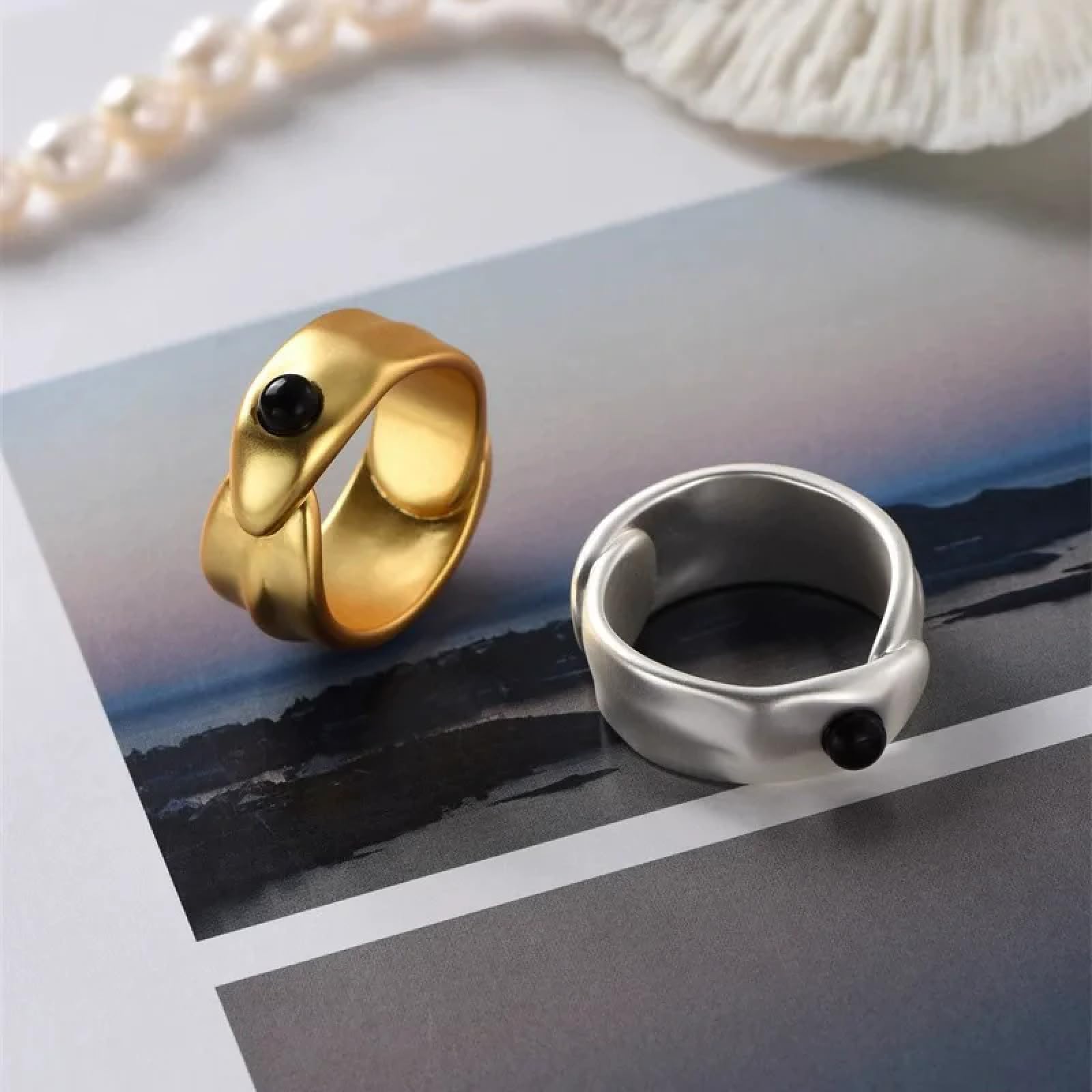 Ring Ringe Damen Bijouterie Herren Kreisförmiger, Überlappender Ring Aus Schwarzem Achat Für Männer Und Frauen, Modisches Nischendesign, Schlichter, Allgleicher Vintage-Trendschmuck