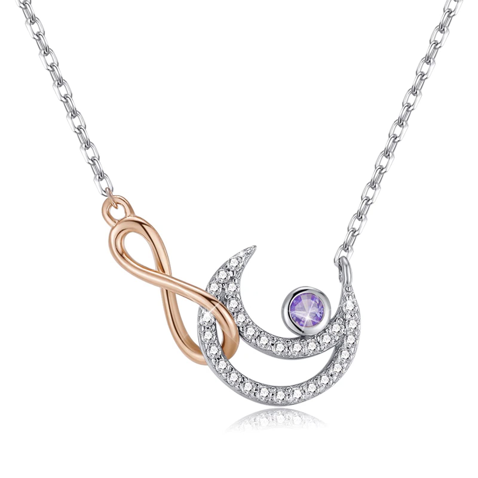 Qings Moon Sky Infinity Birthstone Necklace 925 Sterling Silver Rose Gold Endless Sign Pendant Sparkling Round Cut Gemstone 18” Adjustable Chain Gift for Women Girls