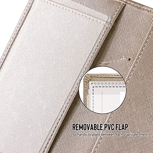Image of LOLOMLO Checkbook Cover for Duplicate Checks, Stripes Criss Cross Embossed PU Leather Check Book Holder for Top Side Tear Register, RFID Blocking Wallet with Elastic Strap & Pen Slot, Brown Champagne