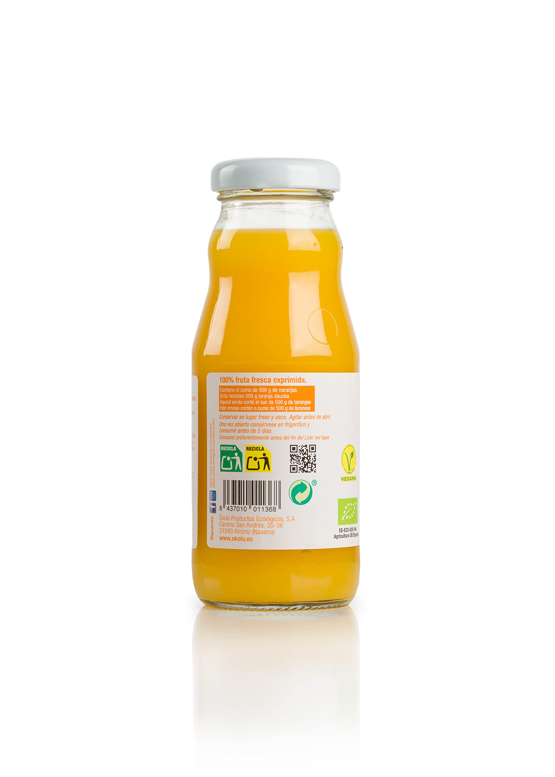 Zumo de Naranja Ecológico 100% Exprimido 12 Botellas 200ml 2400ml