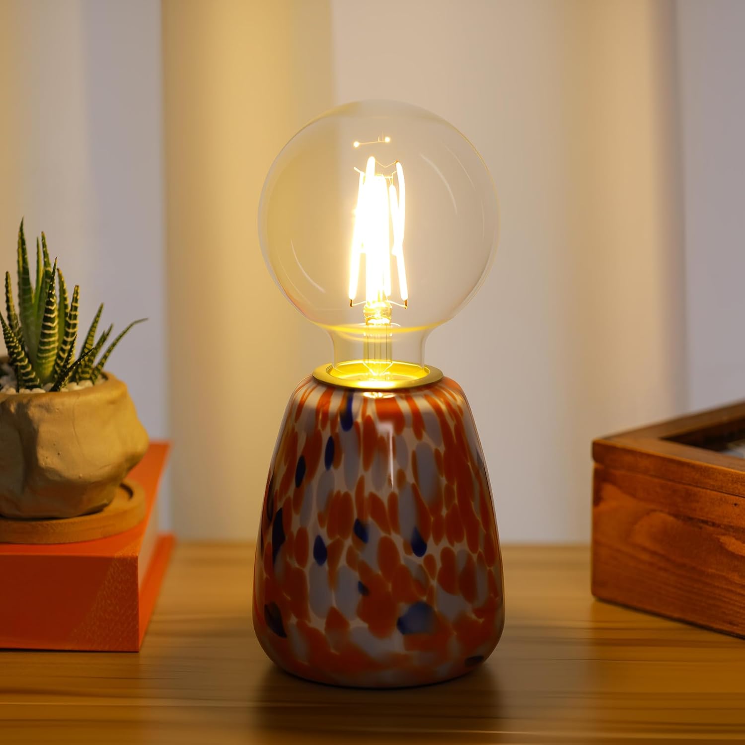 Mini Modern Glass Bedside Table Lamp, 4 x 4 x 9 Inch Nightstand Lamps, with Spherical Bulb Round Side Table Lamps for Bedroom Living Room Entryway Night Light (Blue Red Glass Base)