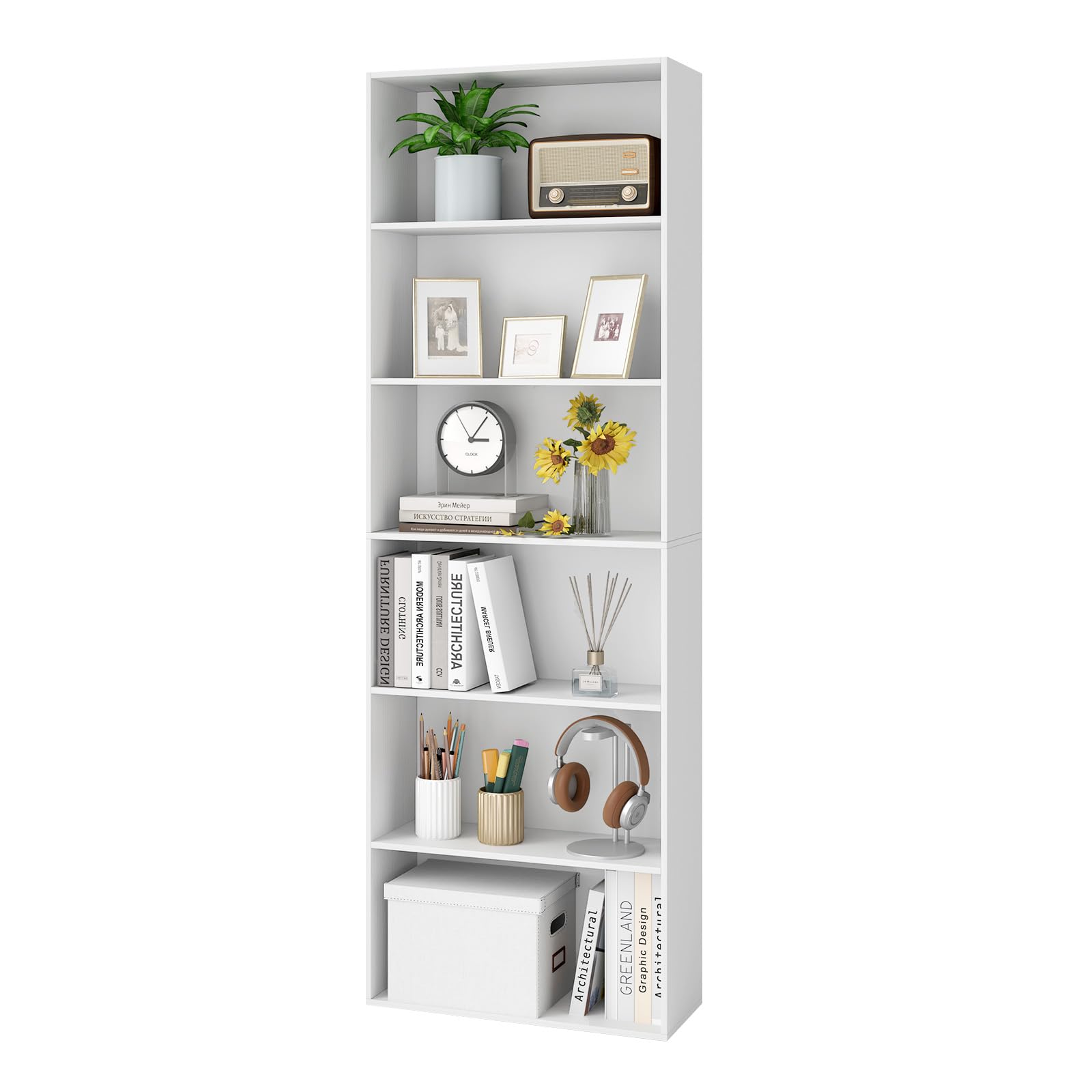 KOMFOTTEU Librería Abierta de 6 Niveles, Estantería para Libros con 2 Kits Antivuelco, Mueble de Almacenamiento de Madera, Armario para Sala de Estar, Oficina, Estudio, 60 x 24 x 178 cm (Blanco)