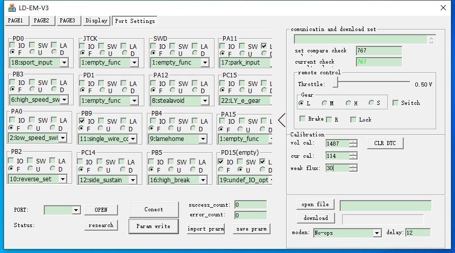 Screenshot of the VOTOL controller software interface, displaying 'Port Settings' for various input/output functions.