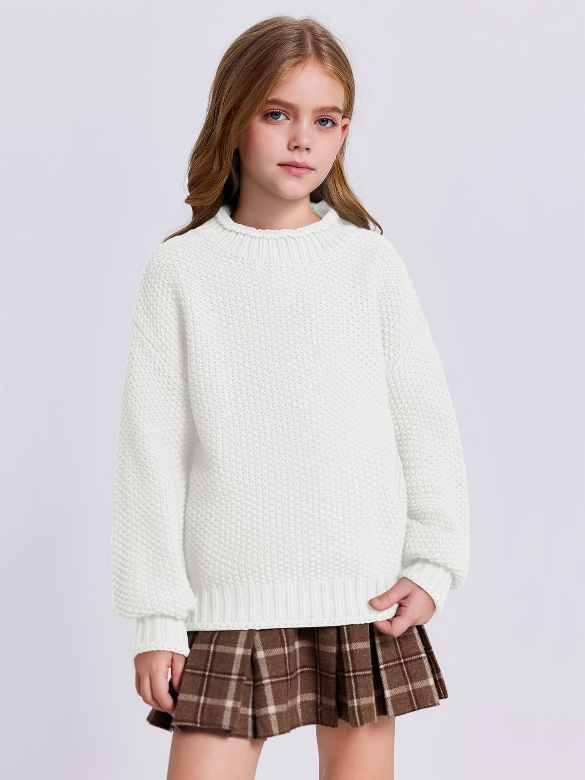 Wenrine Maglione invernale da ragazza, a collo alto, a maniche lunghe, lavorato a maglia, casual, 5-14 anni