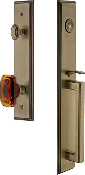 Grandeur 844548 Hardware Carre One-Piece Handleset with D Grip and Baguette Amber Knob, Backset Size-2.75", Vintage Brass