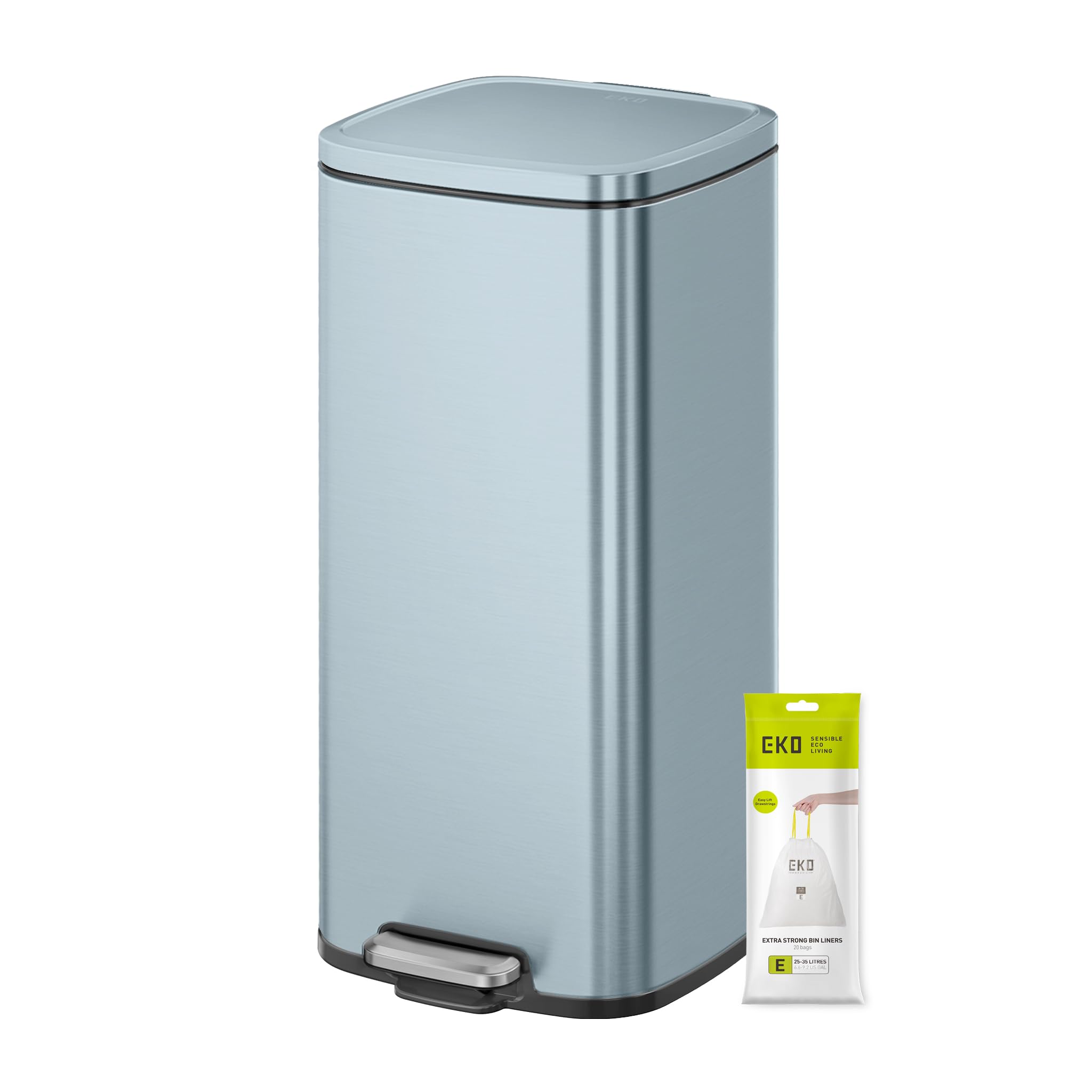 EKO Stella Pedal Bin 30 Litres, Stainless Steel Step Bin with Soft Close Lid, Removable Inner Bucket, Perfect for Kitchen, Home, Office, Titanium Blue
