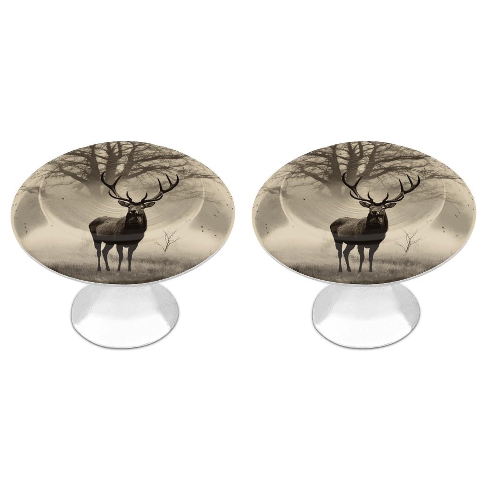 QMNLKH Abstract Tree Elk Picture Cabinet Knobs for Home, Round Drawer Pulls for Kitchen, Personalized Cupboard Handles with Screw, Fashion Dresser Knobs for Office, Drawer Handles, 2 Packs
