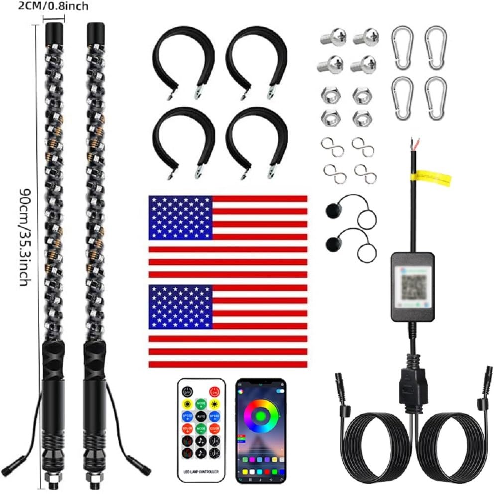Lot de 2 fouets LED avec application et télécommande, fouet d'antenne RVB spiralé pour VUTT, ATV, RZR, SXS, Can-Am, dune buggy, camion tout-terrain (91 cm)
