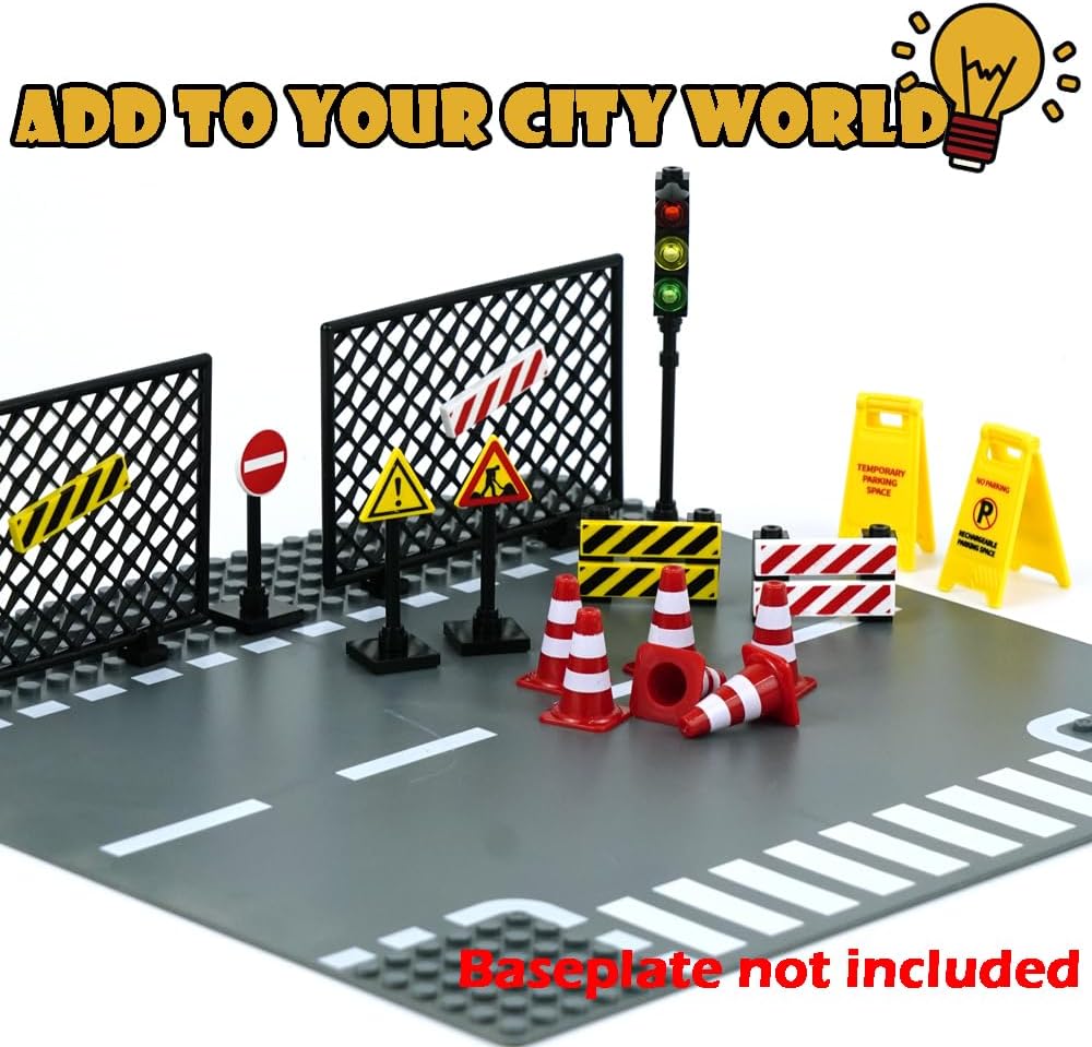 City Road Signs Bricks Accessories, Construction Site Street Signs, Mini Traffic Cones & Crosswalk Signal Toys for Kids Building Blocks Toys for Boys