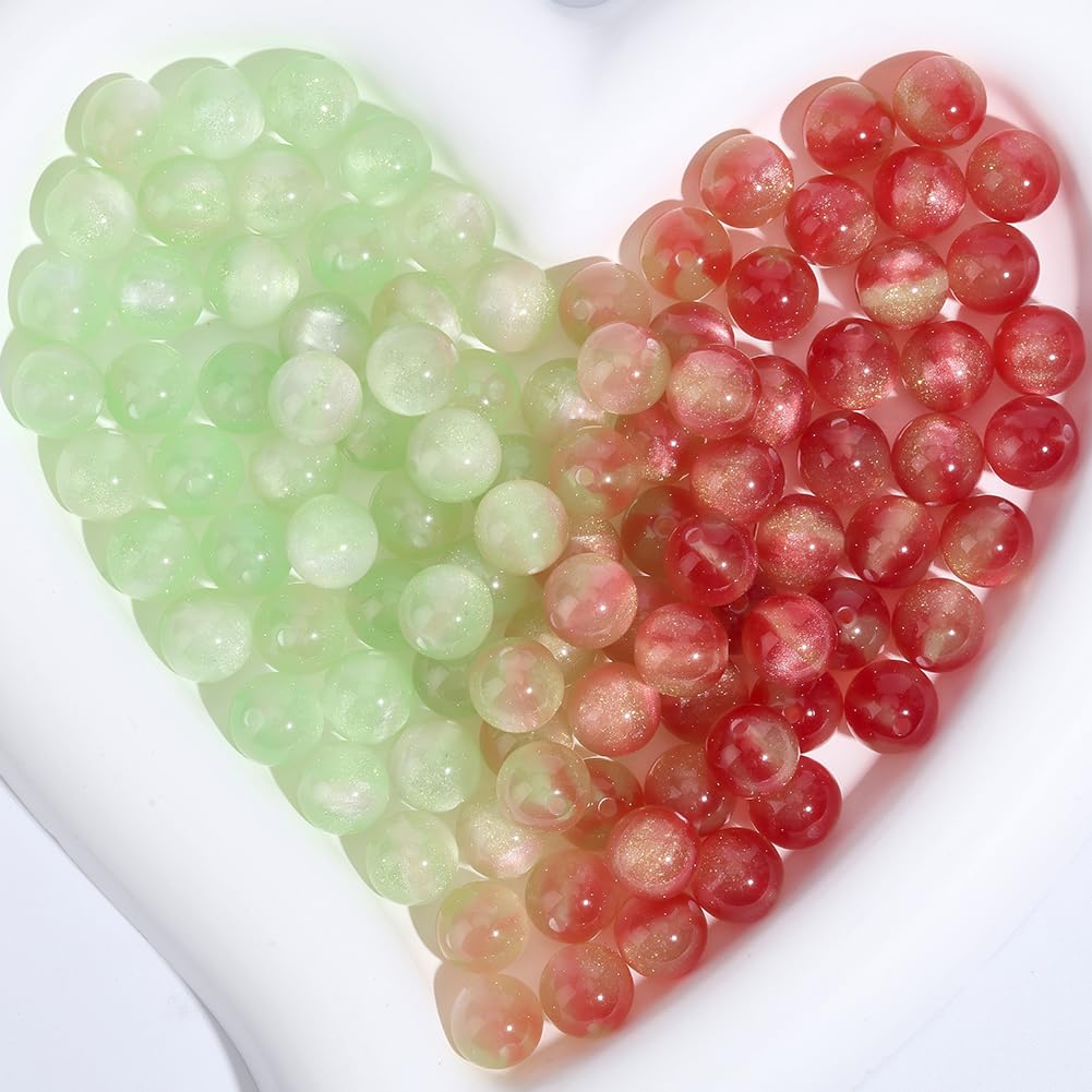 PONABEADIY 1 Box 120PCS 10MM UV Sensitive Beads with Hole Summer Green Change Red Round Resin Glitter Powders Color Changing Reactive Loose Spacer Bead for Jewellery Making Bracelet Earrings DIY Craft