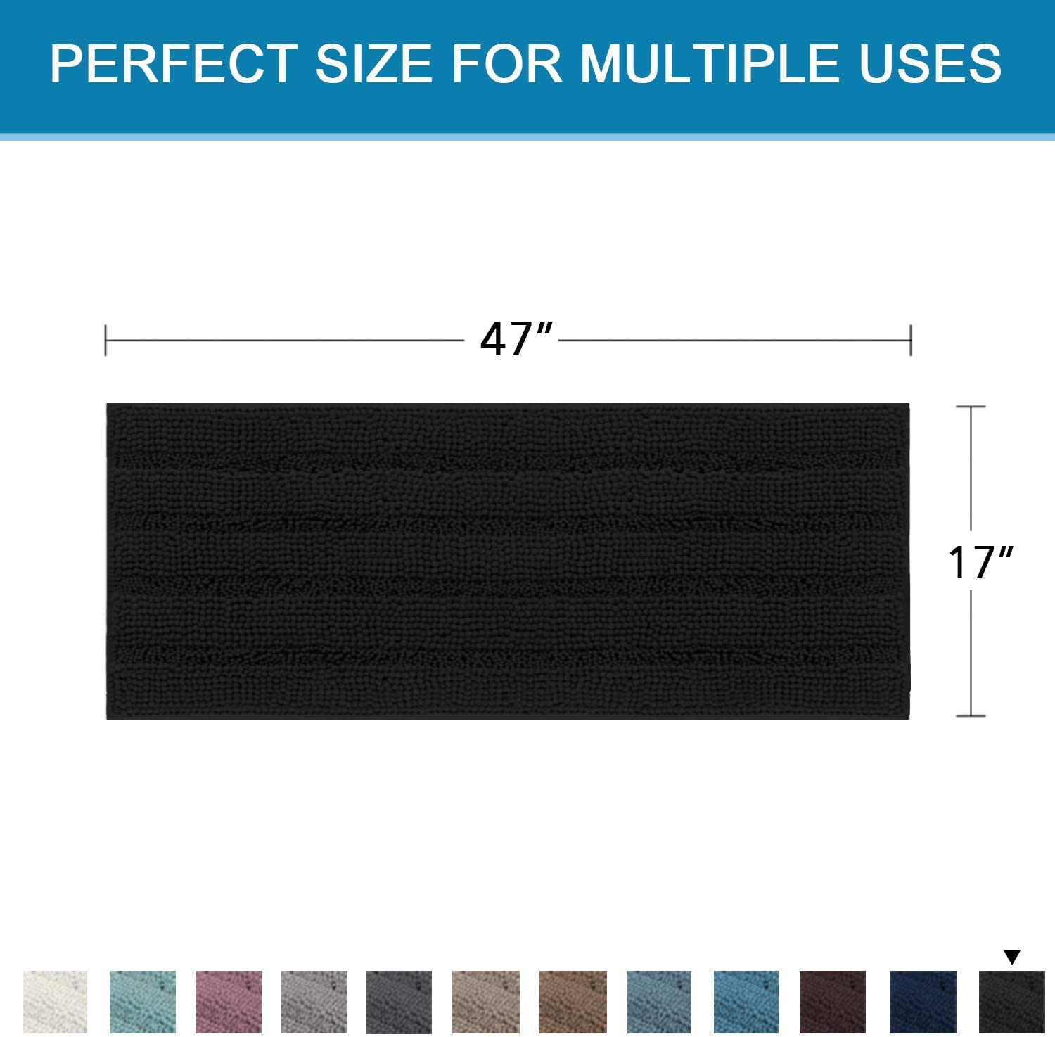 Tapis de bain antidérapant en chenille à poils longs doux pour chambre à coucher (noir 120 x 43 cm) – Parfait pour la salle de bain