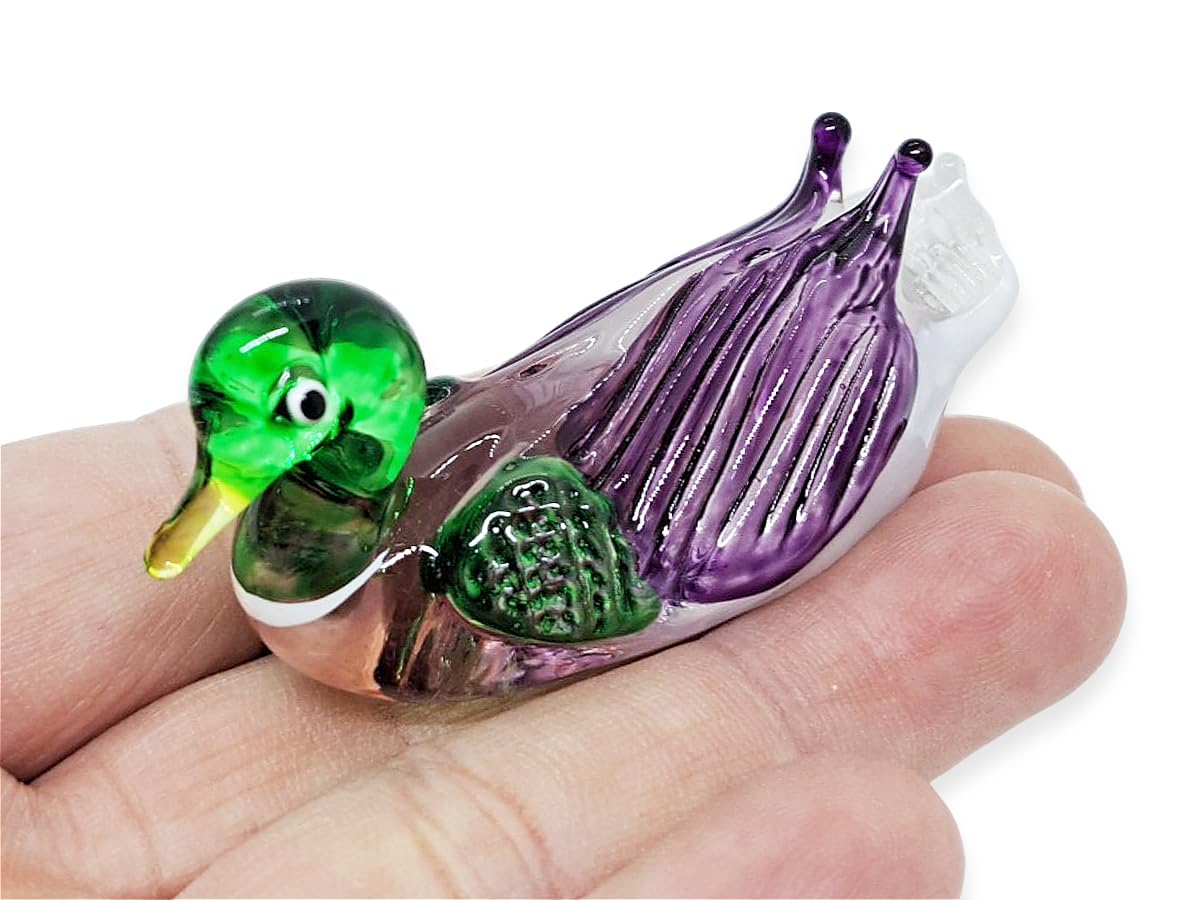 ChangThai Design 2" Green Purple Mallard Duck Artistic Blown Glass Figurine Premium Hand-Blown Statue Tabletop Decoration Unique Collectible for Adult