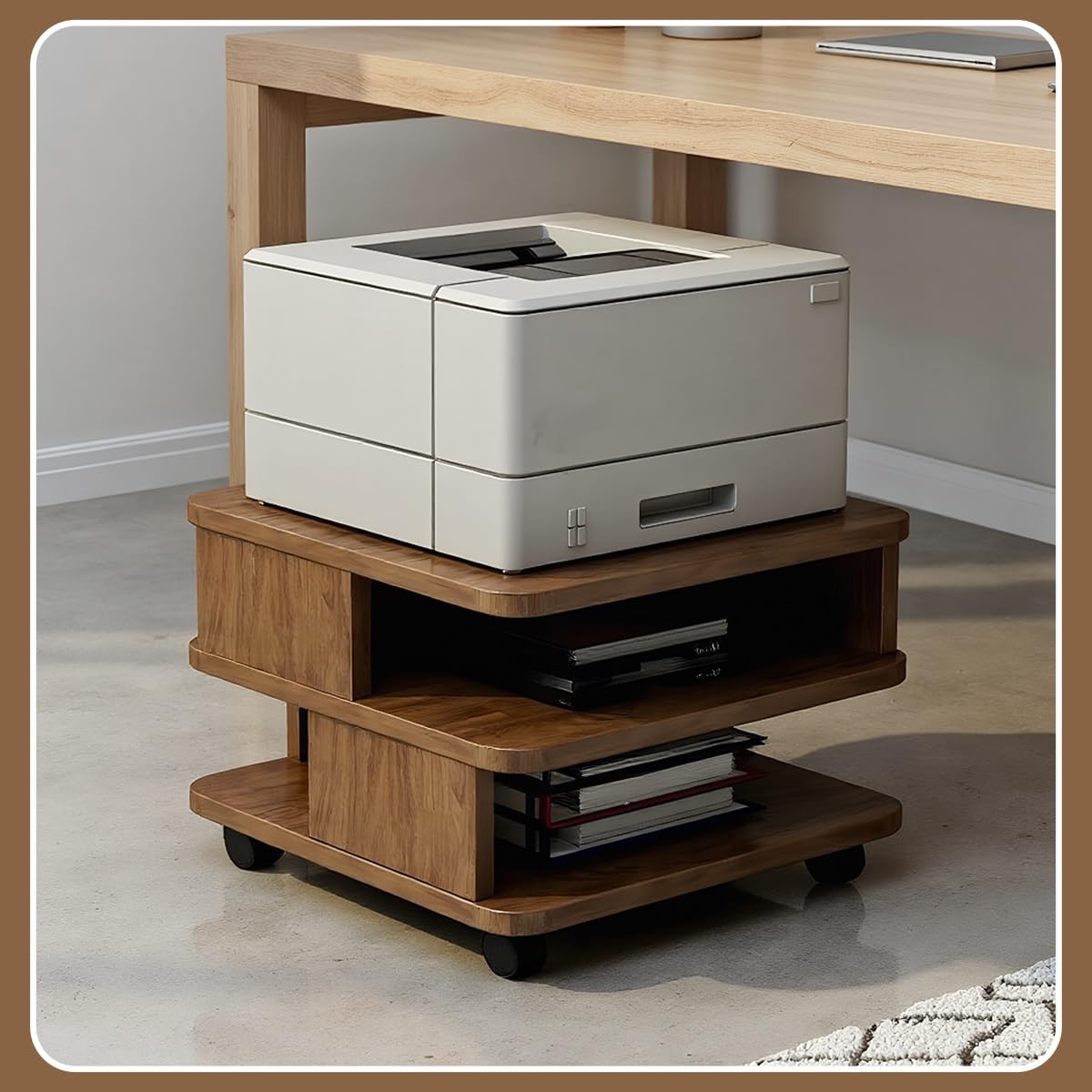 Soporte para impresora debajo del escritorio con gabinete de impresora Der & Shelf le con ruedas con freno para fax, impresora 3D, escáner, fácil montaje (blanco, 15.7 x 15.7 pulgadas)