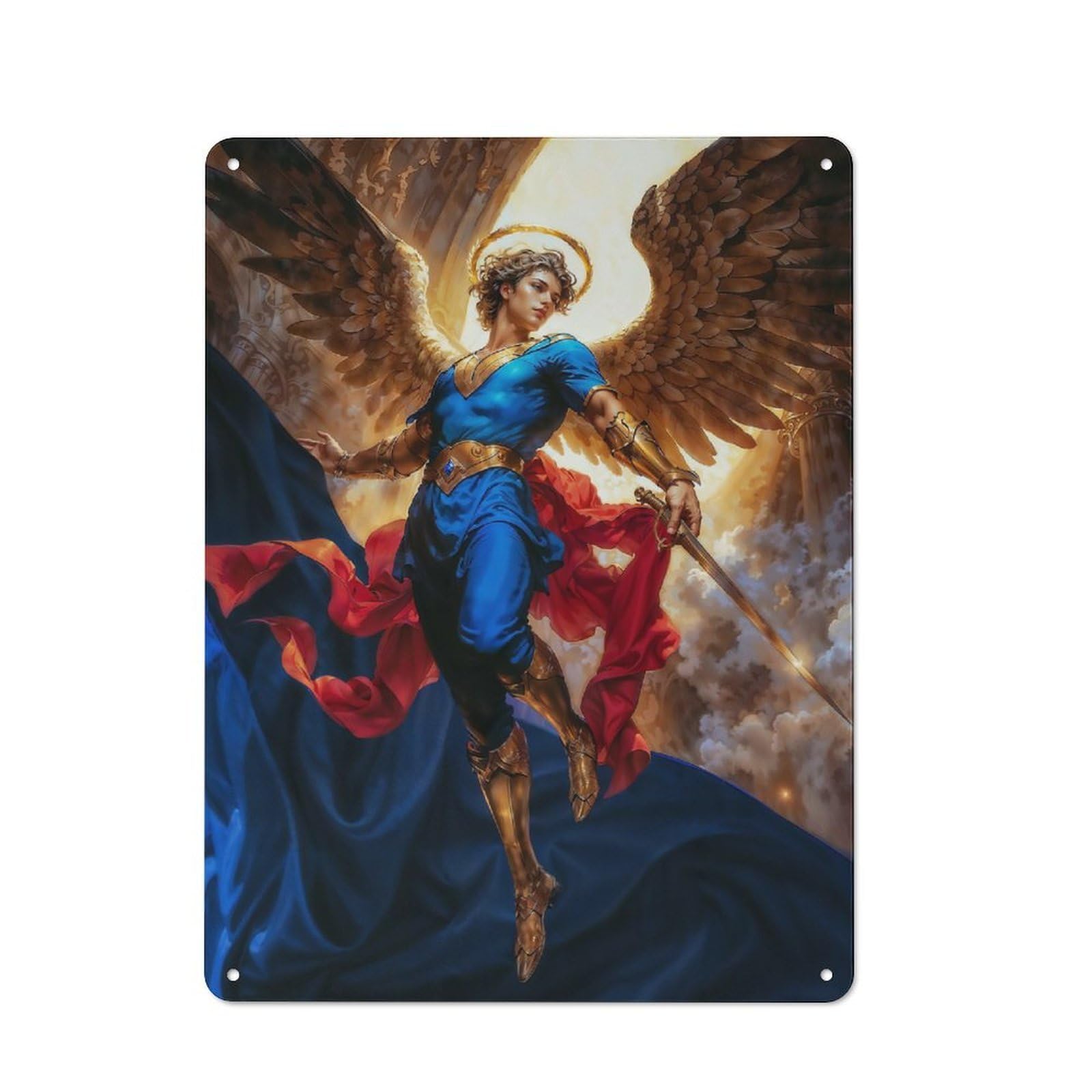 Junmoney Angel Michael With Sword And Golden Wings Metal Wall Sign With Design 40X30cm, Vintage Industrial Wall Art For Workshop, Basement, Shed Or Games Room