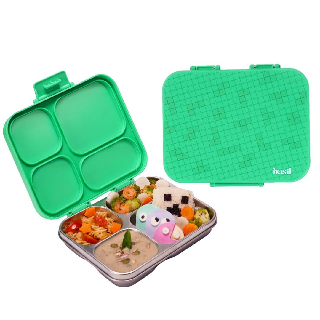 Basil Bento Ace 4C Stainless Steel Lunch Box for Kids | 4 Compartment Leakproof Tiffin Box for Teens & Adults | BPA-Free, Easy-to-Open School Lunch Box | Retro Stack