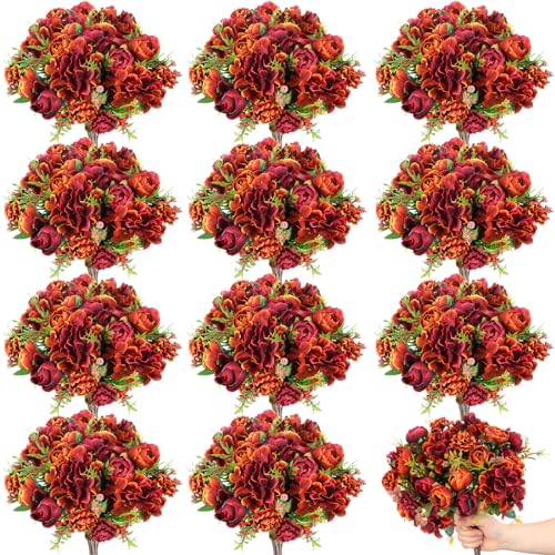 XunYee 12 Bundles Fall Artificial Flowers Burnt Orange Terracotta Flowers Fake Silk Roses Bouquets Fall Realistic Florals Bulk Arrangements Decor for Autumn Wedding Table Centerpieces (Orange)
