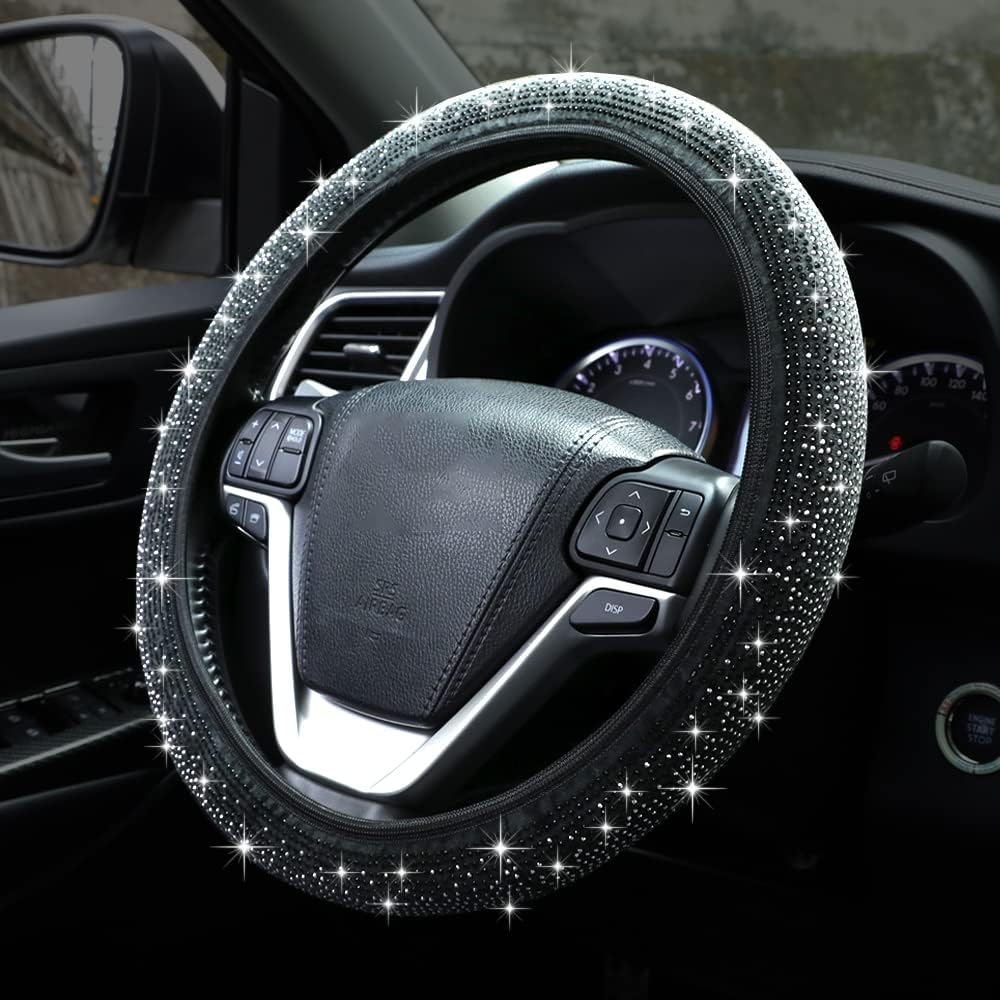 Bling Steering Wheel Cover, Crystal Rhinestone Diamond Steering Cover Universal Fit 15 inch Car Steering Wheel Protector for Women & Girl (Black)