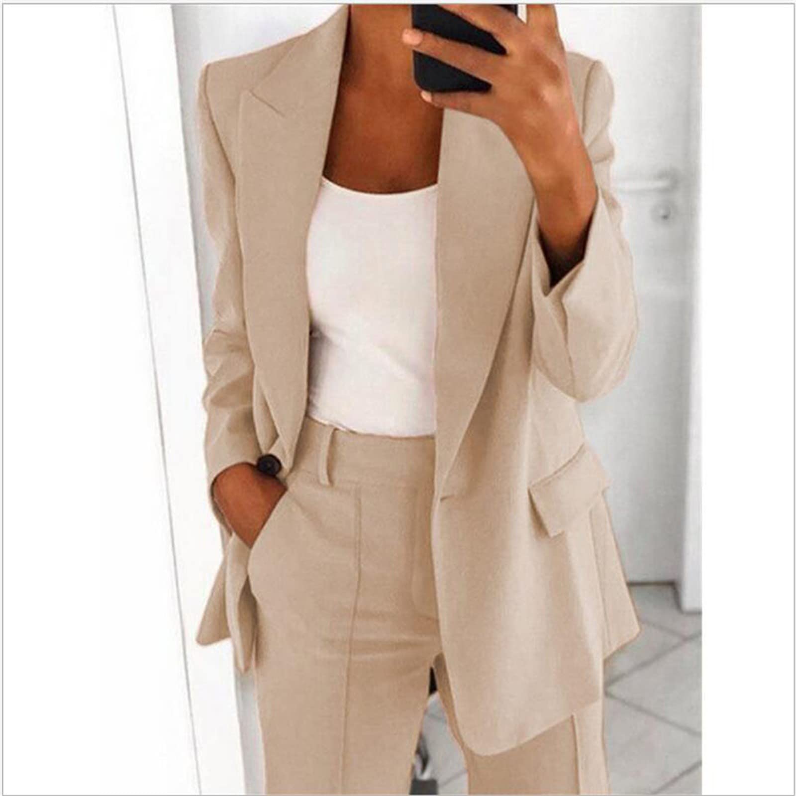 Generisch 2026 Damen Plus Size Elegant Sportlich Taillierte Jacke Anzugjacke Business Oversize Elegant Frühling Dünn Übergangsjacke Jacke Kurzblazer (Beige, XXXL)