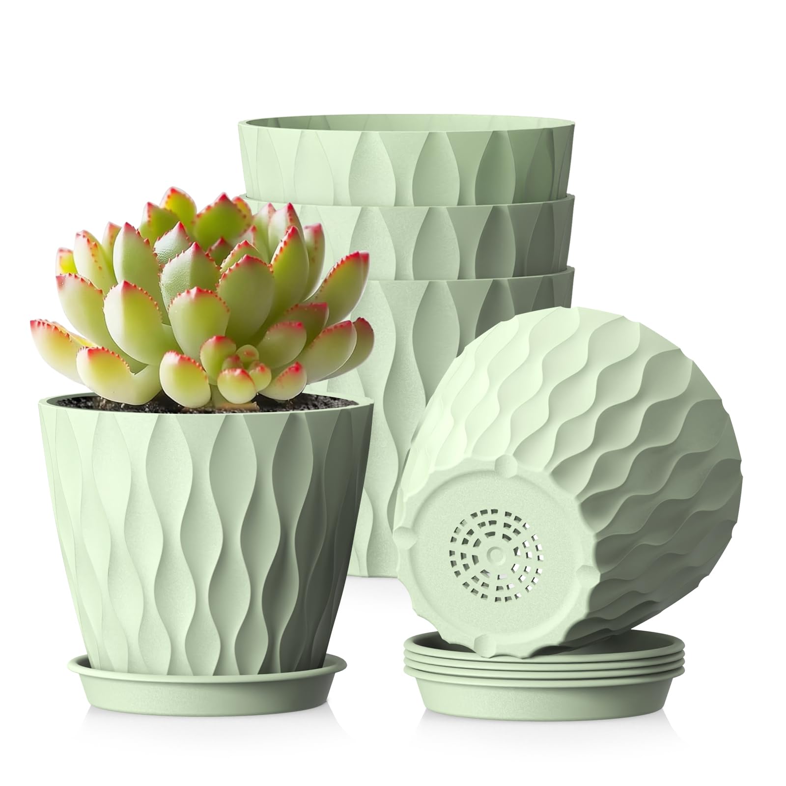 12.7 cm Indoor Plant Pot, 5 Pack Thick Plastic Flower Pots with Drainage Holes & Saucers, 3D Modern Wave Texture, Decorative Nursery Pots for Succulent, Cactus, Mint & Small House Plants, Black — view 12